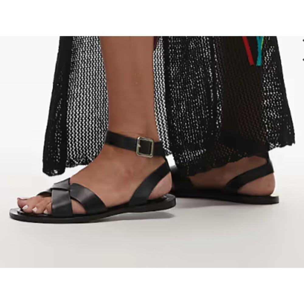 MNG Mango Black Leather Cross Over Strap Gladiator Sandals Casual EU37 US6.5